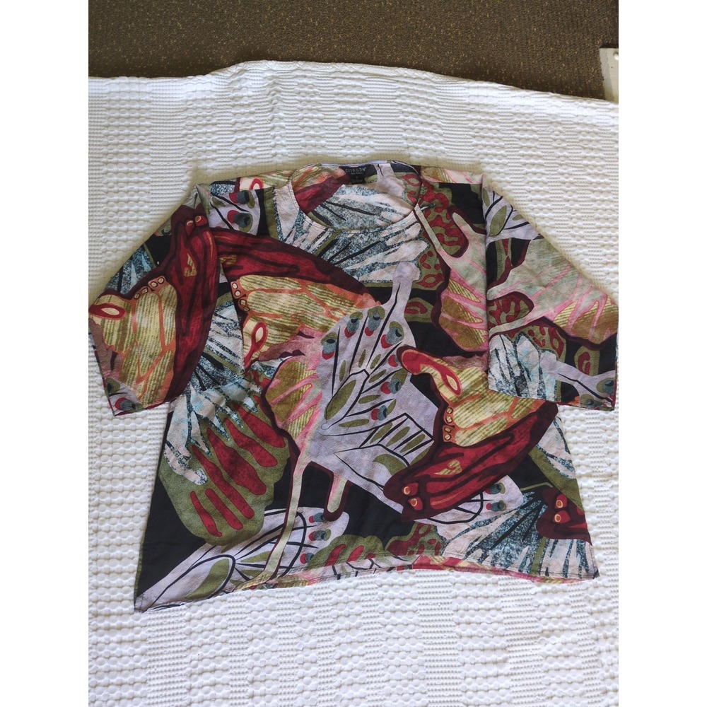Citron Santa Monica 100% Silk Tunic Top Short Sleeve Abstract Multicolor Size 1X